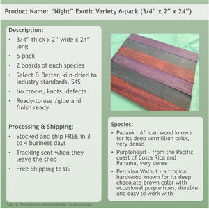 3/4 x 2 x 24 (6-pack) Variety Exotic & Domestic Wood Cutting Board Kit! Includes Purpleheart, Peruvian Walnut, and Padauk - Free Shipping!