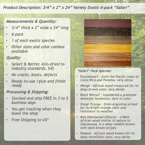 3/4 x 2 x 24 (6-pack) Variety Exotic & Domestic Wood Cutting Board Kit! Includes Purpleheart, Wenge, Padauk, and More - Free Shipping!
