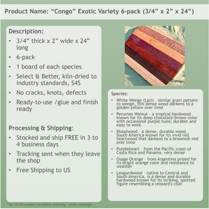 3/4 x 2 x 16 (6-pack) Variety Exotic Wood Cutting Board Kit! Purpleheart, Bloodwood, Leopardwood and More - Free Shipping!