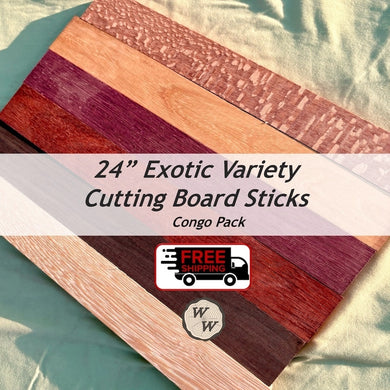 3/4 x 2 x 24 (6-pack) Variety Exotic Wood Cutting Board Kit! Purpleheart, Bloodwood, Leopardwood and More - Free Shipping!