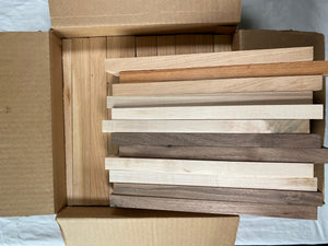 Scrap box of 12" long boards...Teak, Purpleheart, Oak, Bloodwood....more